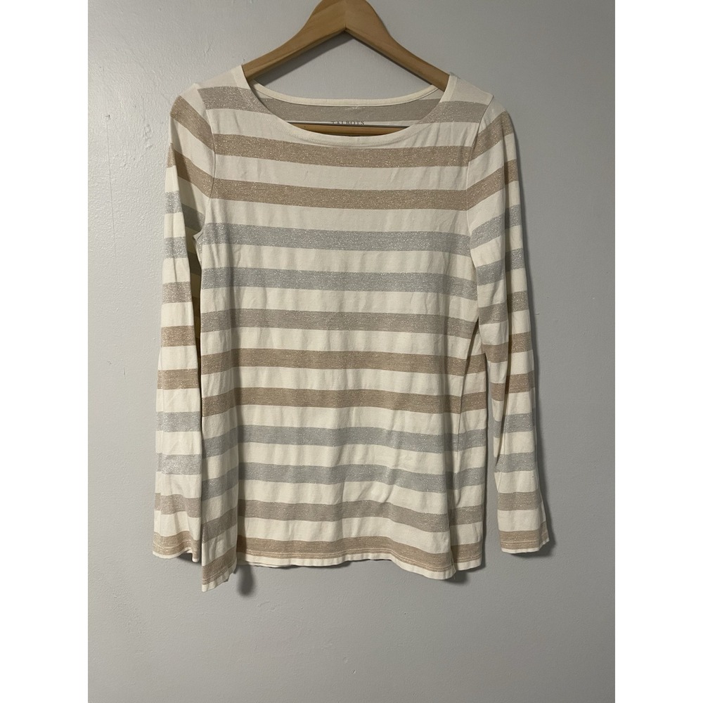 Talbots Striped Long Sleeve Top Sparkle‎ Knit Crew Neck Beige Gray Size S